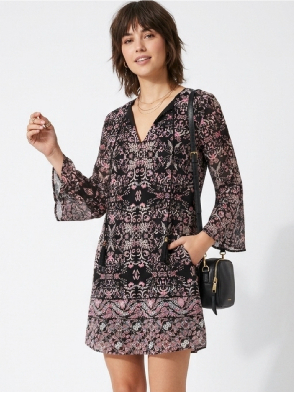 Women's Vince Camuto Black Pink Medallion Floral Shift Dress Tassel Tie Sz 6 837